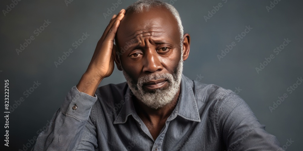 Ivory background sad black American independent powerful man. Portrait of older mid-aged person beautiful bad mood expression isolated on background