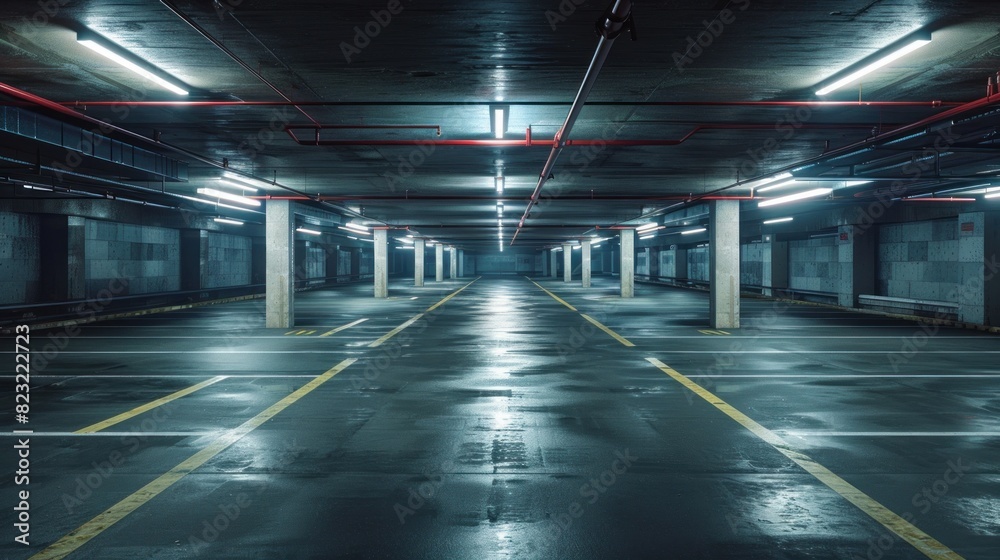 A vast, empty underground parking garage with marked spaces and subdued lighting, conveying a sense of urban solitude A vast, empty underground parking garage with marked spaces and subdued lighting, conveying a sense of urban solitude