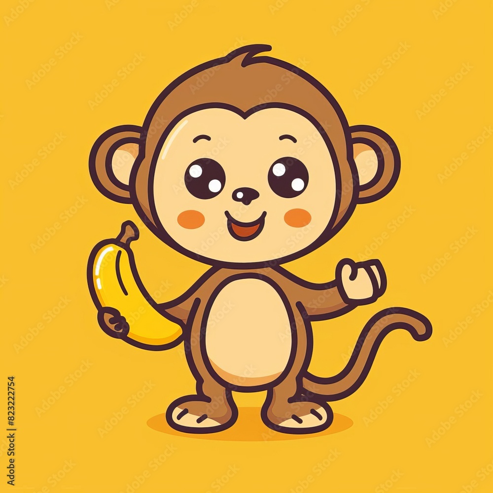 Cute cartoon monkey holding a banana with a happy smile. Bright yellow background. Perfect for kids' designs and products. Cute cartoon monkey holding a banana with a happy smile. Bright yellow background. Perfect for kids' designs and products.