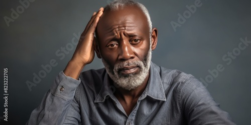 Ivory background sad black American independent powerful man. Portrait of older mid-aged person beautiful bad mood expression isolated on background