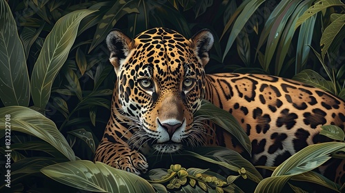 Portrait Jaguar in the Amazon Jungle. Generative Ai photo