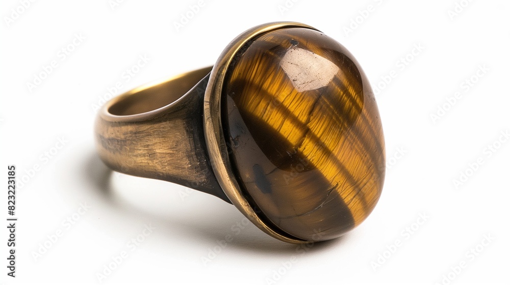 A bold, tiger's eye stone ring, with its golden-brown stripes, set in a masculine, bronze band, on white. 
