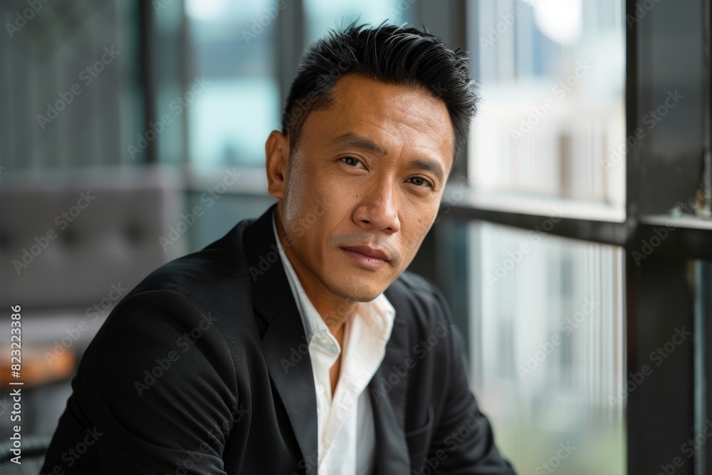 Confident businessman in a black suit posing by a window in an urban office setting Confident businessman in a black suit posing by a window in an urban office setting