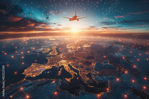 Araflane flying over europe with city lights at sunset photo