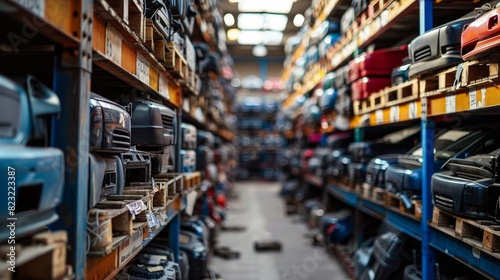 A warehouse with many shelves of car parts