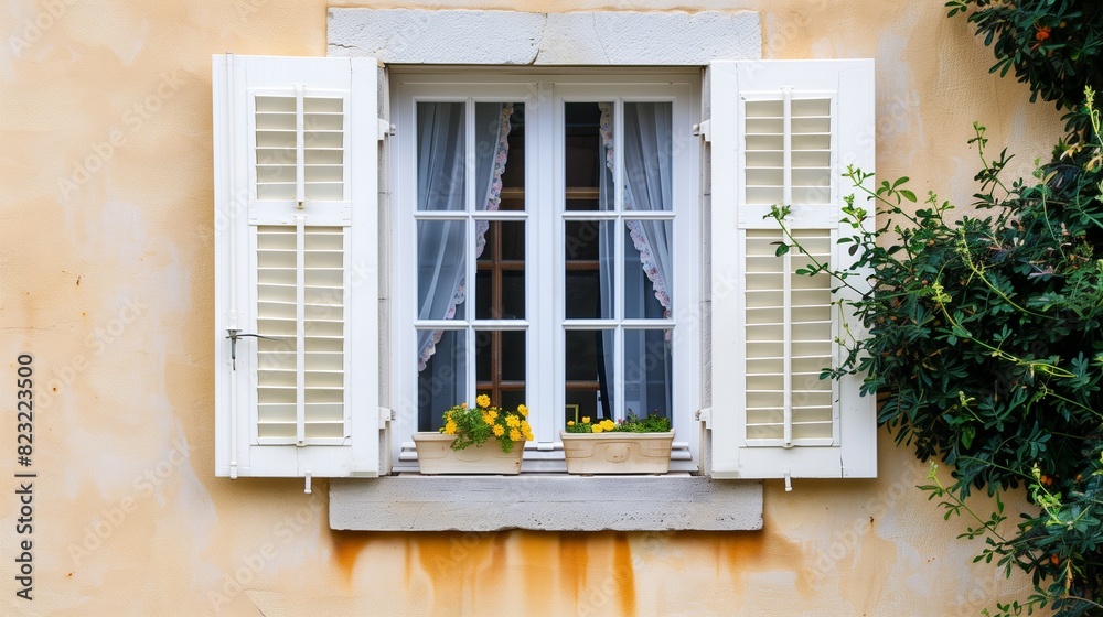 A charming cottage-style window with decorative shutters, adding a touch of quaintness and personality to the exterior of the house. 