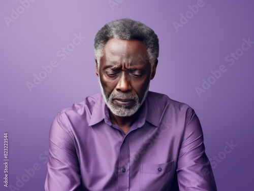 Lavender background sad black American independent powerful man. Portrait of older mid-aged person beautiful bad mood expression isolated on background racism 