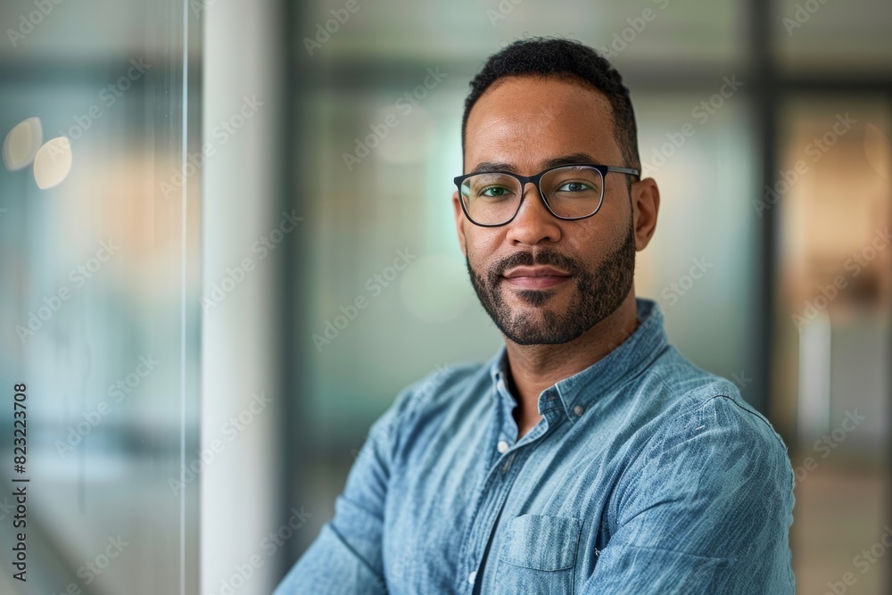 Confident young man with glasses posing indoors in casual attire Confident young man with glasses posing indoors in casual attire