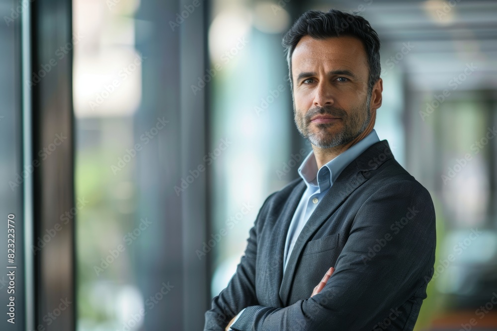 Confident businessman with arms crossed standing in a modern office environment Confident businessman with arms crossed standing in a modern office environment