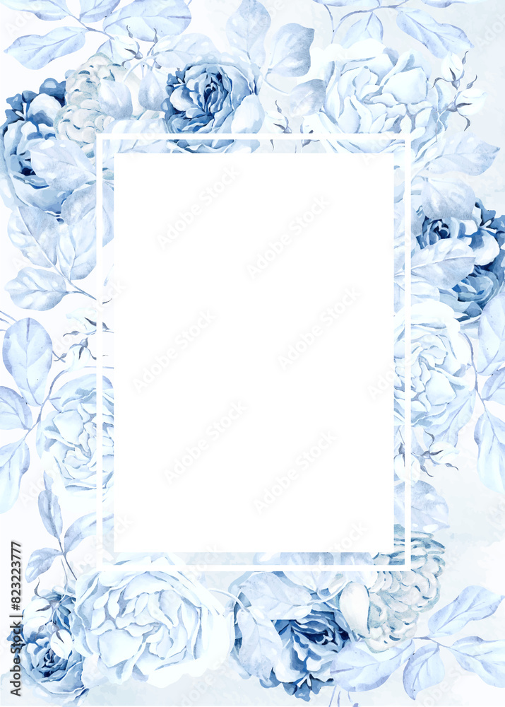 Watercolor wedding card with tender blue roses flower and leaves.