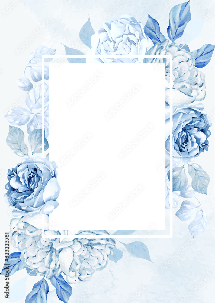 Watercolor wedding card with tender blue roses flower and leaves. Watercolor wedding card with tender blue roses flower and leaves.