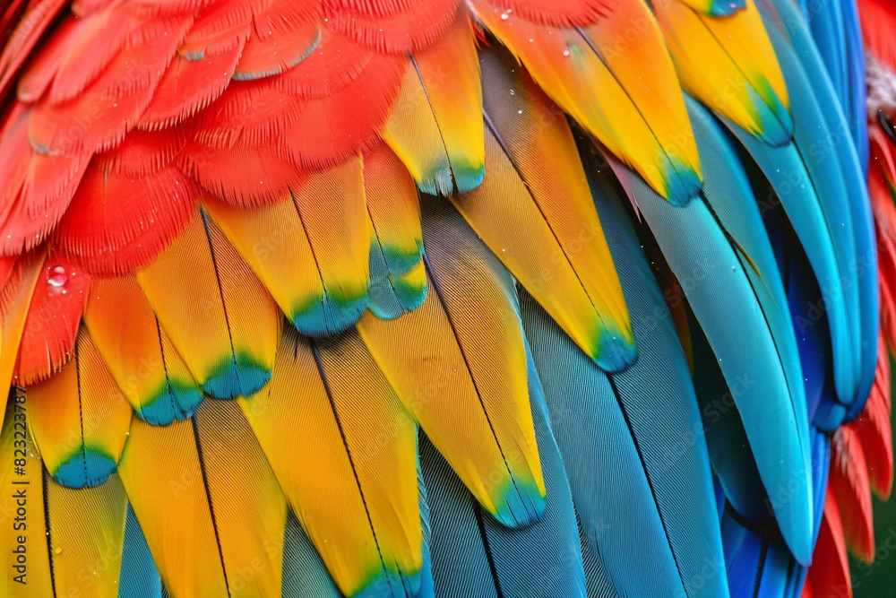 Obraz premium Vibrant Macaw Feather Detail - A Symphony of Colors in Nature 