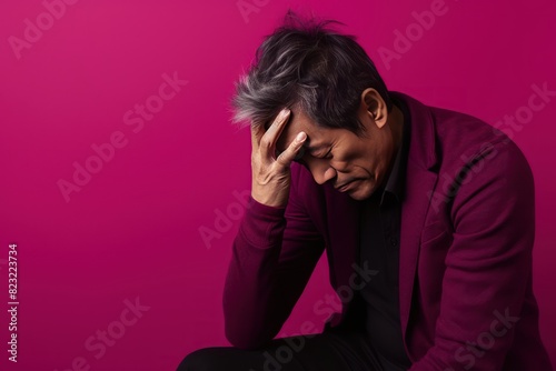 Magenta background sad Asian man. Portrait of older mid-aged person beautiful bad mood expression boy Isolated on Background depression anxiety fear burn out