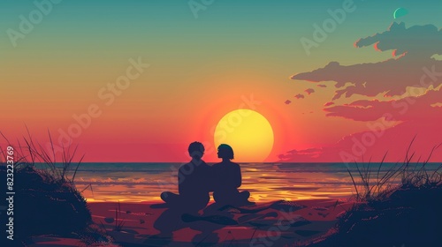 A Couple Sitting On The Sand  Watching The Sun Set Over The Horizon  Cartoon  Flat color
