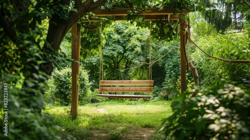 A wooden swing hangs invitingly in a lush green garden  offering a peaceful spot for relaxation and enjoyment of nature