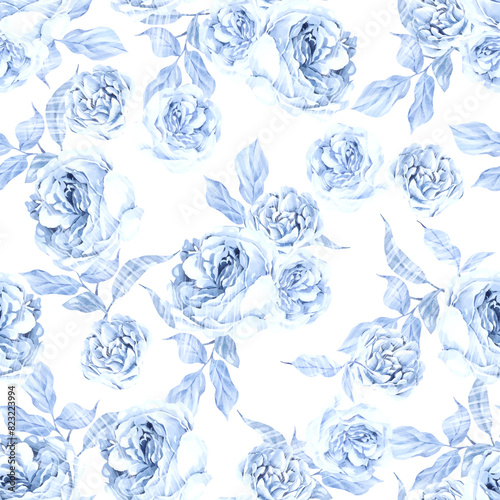 Watercolor wedding seamless pattern  with tender blue roses flower and leaves.