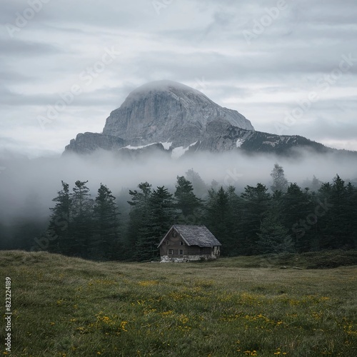 small house and inthe background are trees and a foged mountain photo