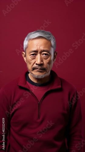 Maroon background sad Asian man. Portrait of older mid-aged person beautiful bad mood expression boy Isolated on Background depression anxiety fear burn out health issue
