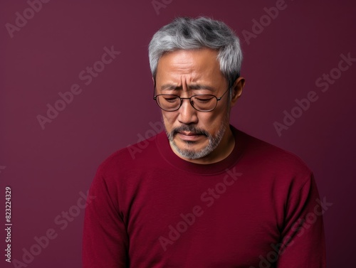 Maroon background sad Asian man. Portrait of older mid-aged person beautiful bad mood expression boy Isolated on Background depression anxiety fear burn out health issue