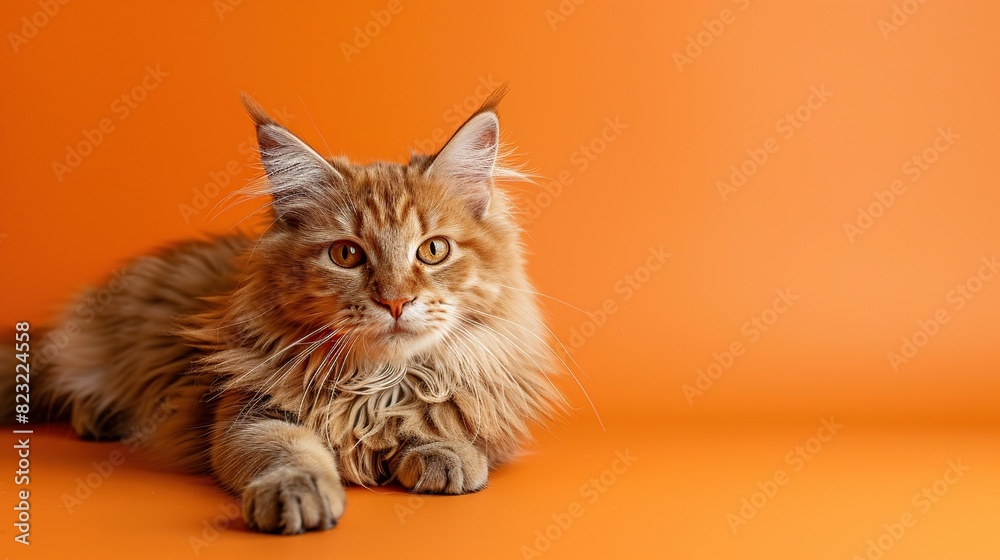 Lovely fluffy cat on bright trendy orange background. Generative Ai