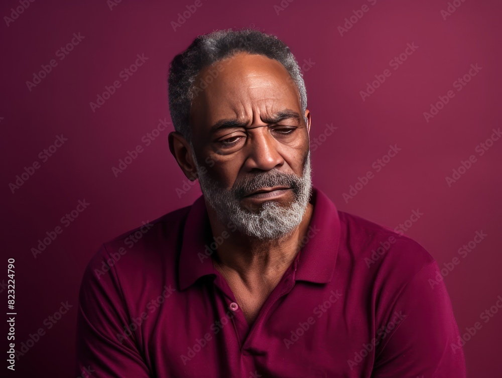 Maroon background sad black American independent powerful man. Portrait of older mid-aged person beautiful bad mood expression isolated on background racism