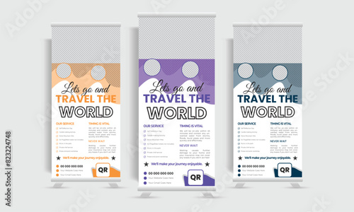 Traveling roll up banner design. Unique and futuristic formal traveling dl flyer vector design template. 
