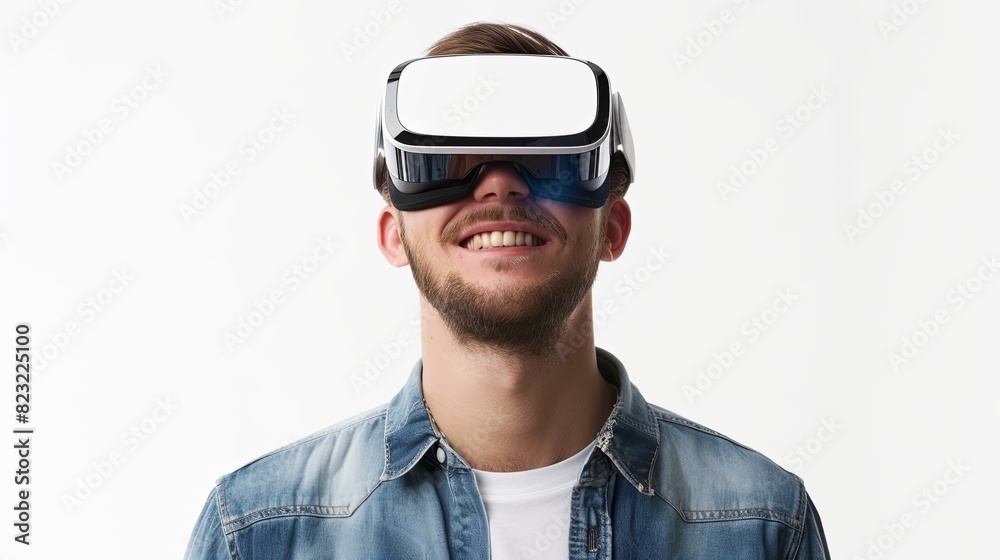 A happy man explores virtual reality with white goggles on a flat white background. Generative AI A happy man explores virtual reality with white goggles on a flat white background. Generative AI