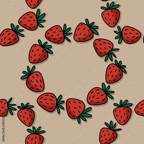 Hand drawn doodle linear colorful vector strawberry fruits circles spring summer seasonal seamless repeat pattern isolated on beige background 
