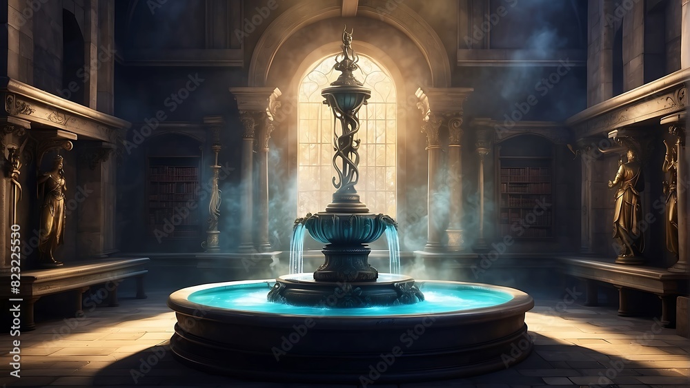 Floodlit fountain with statues in from a fantasy story. The holy spring is used to heal painful wounds. Floodlit fountain with statues in from a fantasy story. The holy spring is used to heal painful wounds.