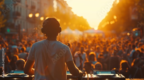 A DJ is standing in front of a crowd of people, playing music photo