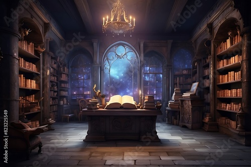 Inside the room of the sorcerers A user of magical magic who stores spells and wands in a fantasy world.