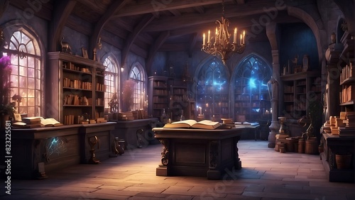 Inside the room of the sorcerers A user of magical magic who stores spells and wands in a fantasy world.