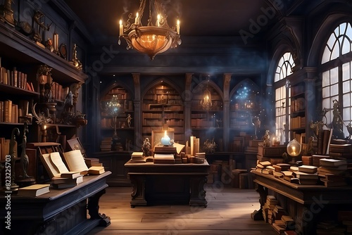 Inside the room of the sorcerers A user of magical magic who stores spells and wands in a fantasy world.