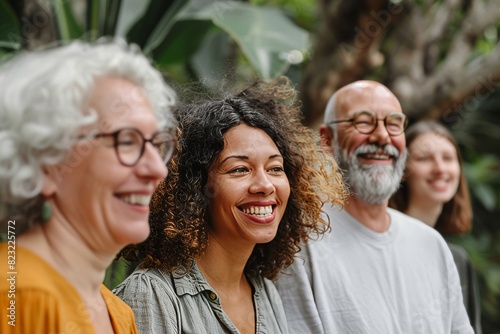Portrait of a group of diverse senior friends laughing together while standing outdoors