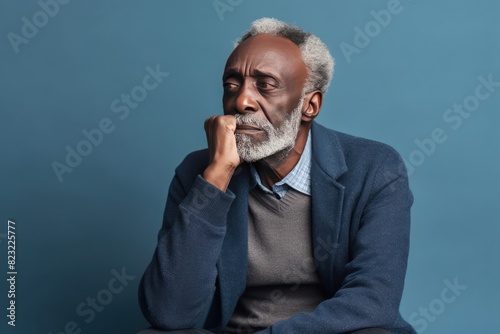 Mint background sad black american independent powerful man. Portrait of older mid-aged person beautiful bad mood expression isolated on background racism skin © Zickert