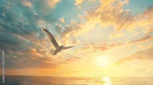 A seagull is flying in the sky above the sea at dawn.