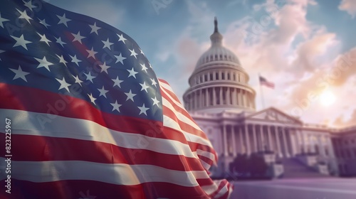 USA flag with government building background
