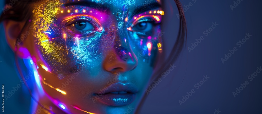 A futuristic neon cyber portrait of a cyborg robot girl with electric lights and vibrant colors highlighting her face. Concept of technology, sci-F intelligence and summer party concept. A futuristic neon cyber portrait of a cyborg robot girl with electric lights and vibrant colors highlighting her face. Concept of technology, sci-F intelligence and summer party concept.