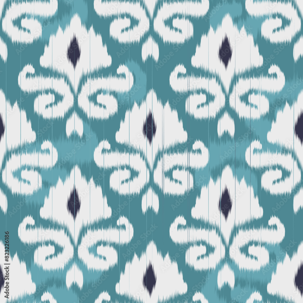 seamless knitted pattern. Seamless ikat vector pattern of local woven fabric patterns, dyed patterns, batik, mat weave patterns, soft blue tones. Ikat motifs Abstract seamless pattern background.