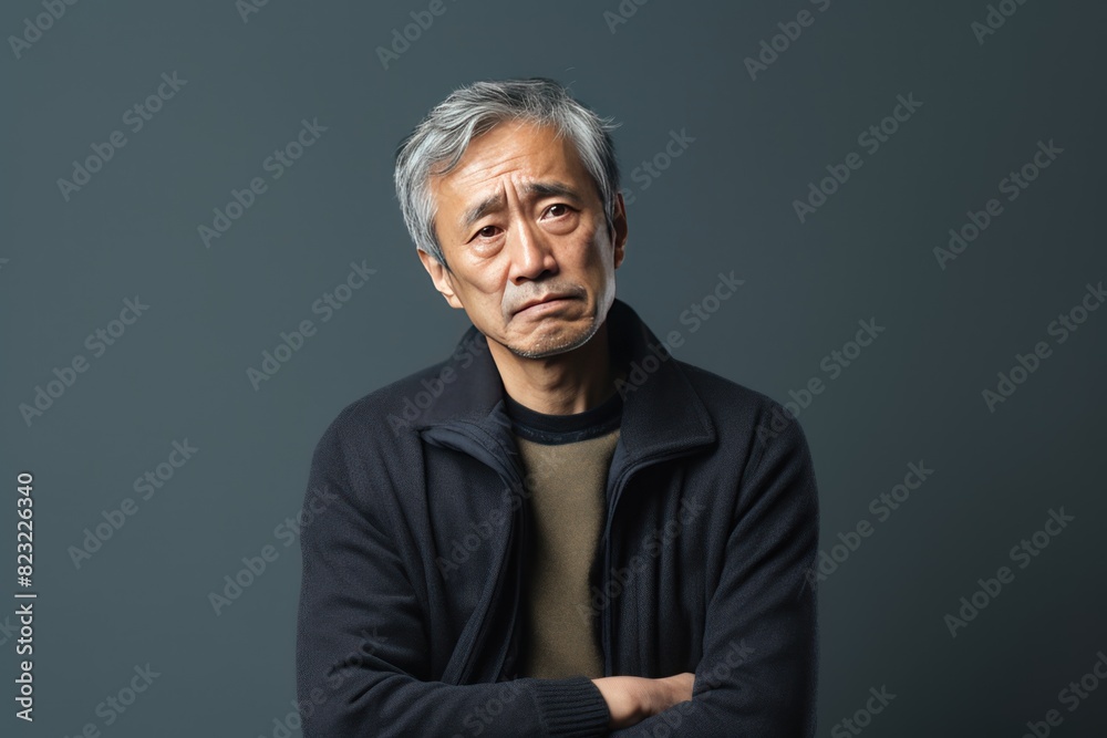 Olive background sad Asian man. Portrait of older mid-aged person beautiful bad mood expression boy Isolated on Background depression anxiety fear 
