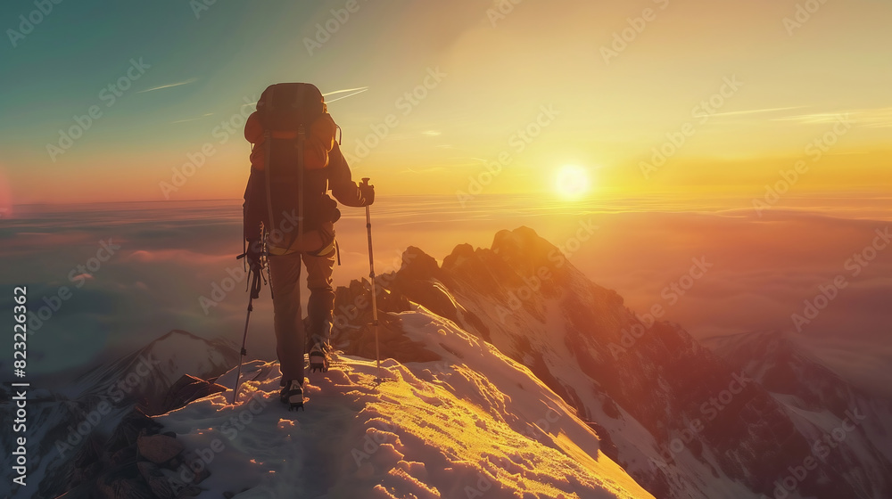 Spectacular layered mountain ranges with valley fog. Man Silhouette reaching summit enjoying freedom. Spectacular layered mountain ranges with valley fog. Man Silhouette reaching summit enjoying freedom.
