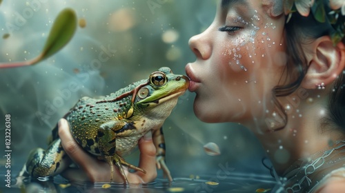 Enchanting fairy tale scene with a woman kissing a frog prince, evoking magic and transformation in a mystical forest setting. Love summer concept.