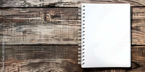 Overhead view of blank spiral notebook on wooden desk background. Concept Spiral Notebook, Desk Background, Overhead View, Blank Space, Wooden Texture photo