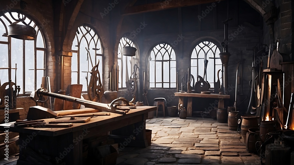 Obraz premium ฺBlacksmith's room for forging weapons and armor in a fantasy world.