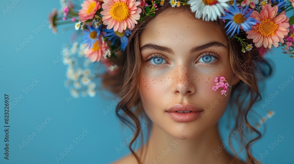 Close-up portrait of a beautiful woman with blue eyes and floral crown, set against a vivid blue background. Summer concept. Close-up portrait of a beautiful woman with blue eyes and floral crown, set against a vivid blue background. Summer concept.