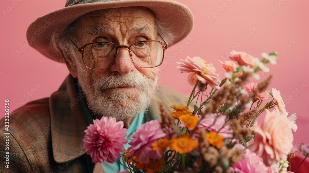 Portrait of an elderly man wearing glasses and a hat, holding a bouquet of flowers against a pink background. A serene and thoughtful expression. Romantic summer concept. Portrait of an elderly man wearing glasses and a hat, holding a bouquet of flowers against a pink background. A serene and thoughtful expression. Romantic summer concept.