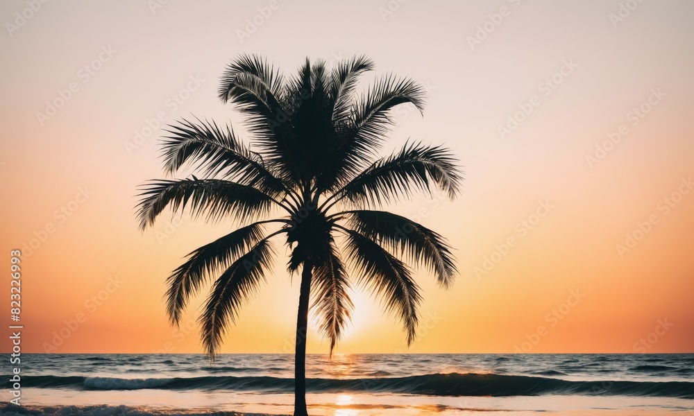 Silhouette of a palm tree against a vibrant sunset sky with a calm ocean in the foreground