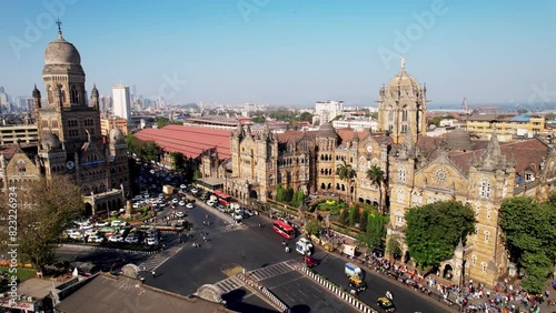 Victoria terminus train station in Mumbai, India, Aerial View. Chhatrapati Shivaji Maharaj Terminus railway station, UNESCO World Heritage Site