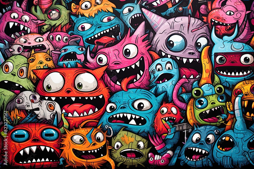 Monsters doodle drawing in pop art style. Cartoon set of funny comic creatures. Poster design. Ai generative