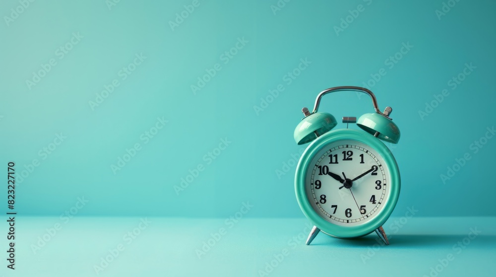 Blue alarm clock surrounded by a blue background.  Summer concept of time and waking up. Copy space.